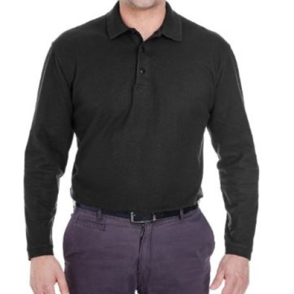UltraClub Men's 4XL Whisper Pique Polo Shirt Long Sleeve Black 8542 Relaxed Fit
